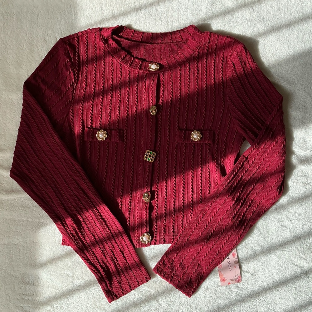 Burgundy Cardigan with Pearl Buttons